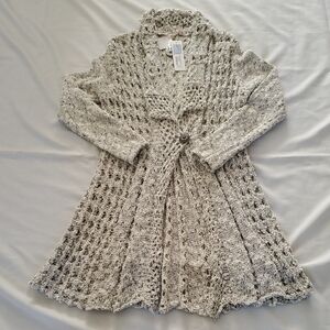 Soft Surroundings Open-Knit Longline Cardigan - Cream, Gray